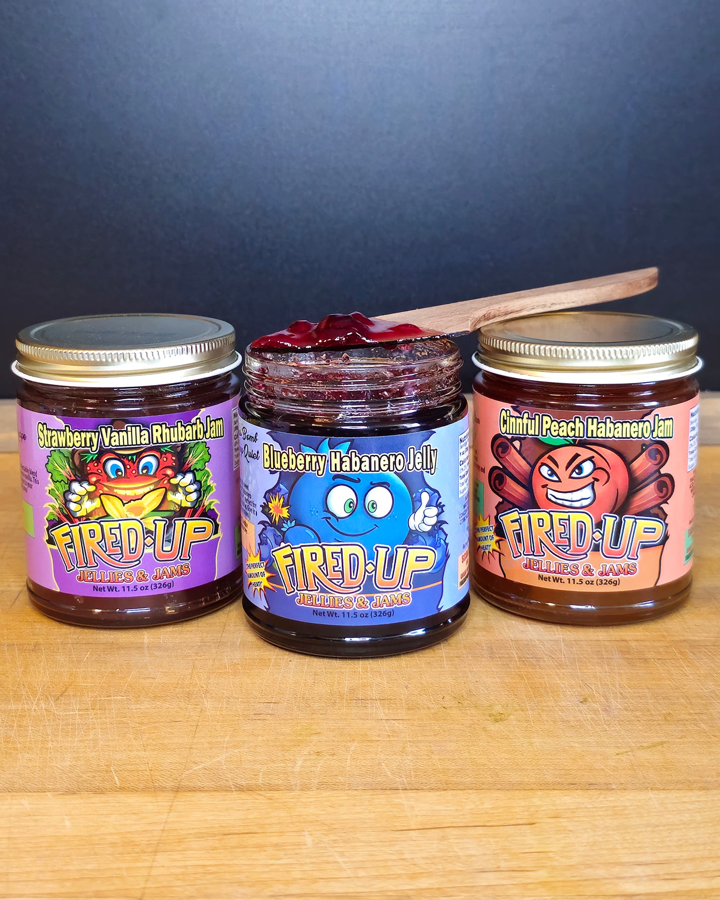 Blueberry Habanero Jelly, Cinnful Peach Habanero Jam, Strawberry Vanilla Rhubarb Jm
