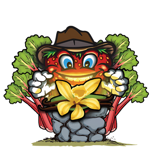 Patti the Strawberry, mascot of our Strawberry Vanilla Rhubarb Jam, dressed like indiana jones, breaking through Rhubarb stalks to find a vanilla bean and flower on a pedestal