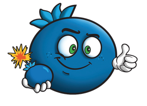 Cartoon blue character with a star and a thumbs-up on a white background