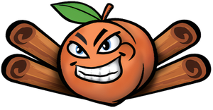 Cindy the Cinnful Peach with her cinnamon sticks, ready to stir the pot and make a good recipe