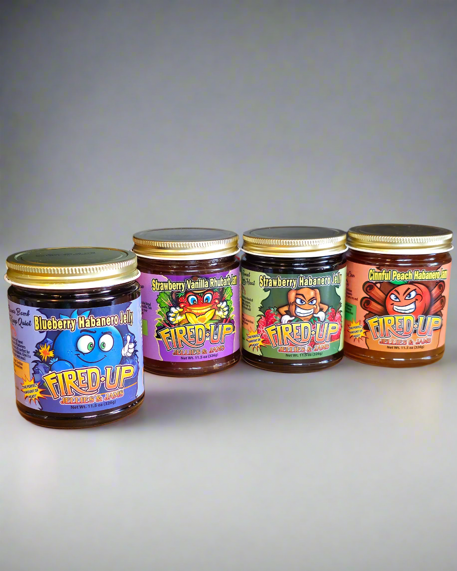 Blueberry Habanero Jelly, Strawberry Vanilla Rhubarb jam, Strawberry Habanero Jelly, Cinnful Peach Habanero Jam