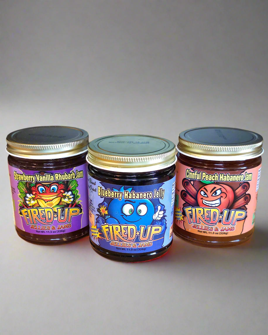 Blueberry Habanero Jelly, Cinnful Peach Habanero Jam, Strawberry Vanilla Rhubarb Jam