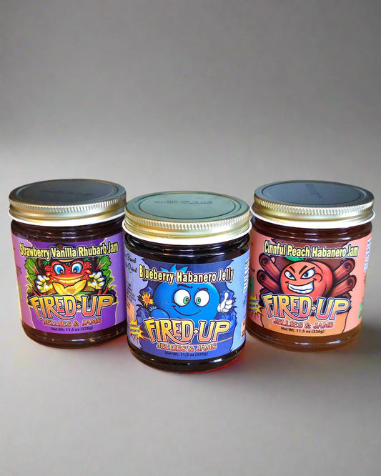 Blueberry Habanero Jelly, Cinnful Peach Habanero Jam, Strawberry Vanilla Rhubarb Jam