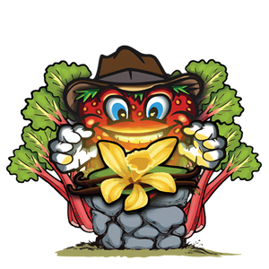 Patti the Strawberry, mascot of our Strawberry Vanilla Rhubarb Jam, dressed like indiana jones, breaking through Rhubarb stalks to find a vanilla bean and flower on a pedestal 