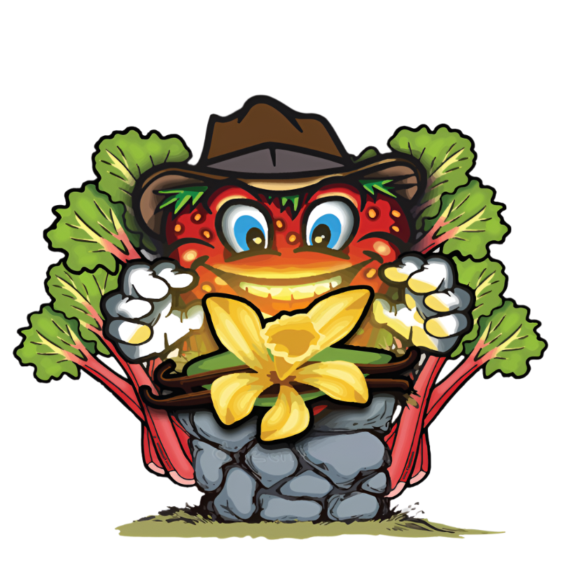 Patti the Strawberry, mascot of our Strawberry Vanilla Rhubarb Jam, dressed like indiana jones, breaking through Rhubarb stalks to find a vanilla bean and flower on a pedestal 