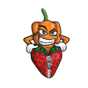 Pep, our Original Fired Up mascot. He is a habanero masquerading in a strawberry zip-up suit ready for culinary adventures